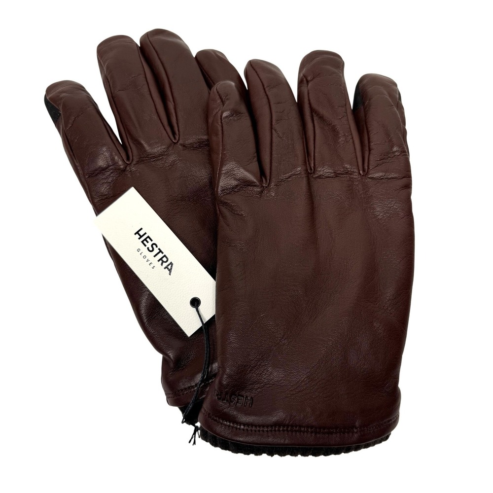 Hestra John Brown Leather Gloves Touchscreen Primaloft Wool Cuff Mens Size 8 NEW